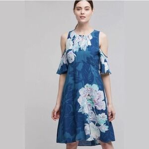 Anthropologie Maeve Elia Cold Shoulder Floral Dress Size 6 Blue Green EUC